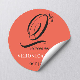 Elegant Tiara Orange Red 15th Quinceañera Name  Classic Round Sticker