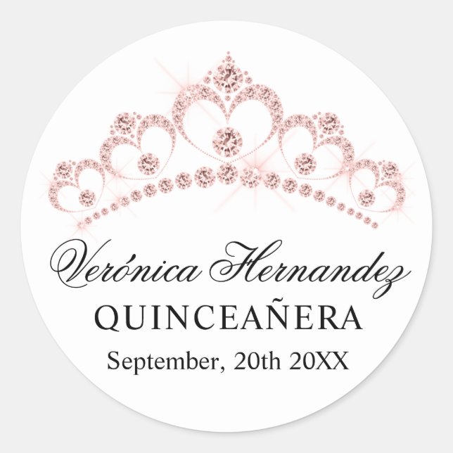 Elegant Tiara Pink Spanish Quinceañera Quince Classic Round Sticker (Front)