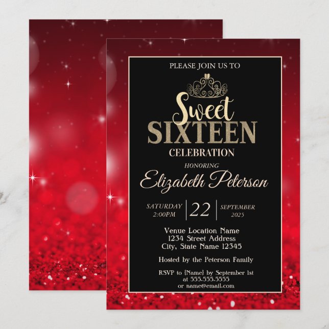 Elegant Tiara,Red Glitter Bokeh Sweet 16 Invitation (Front/Back)