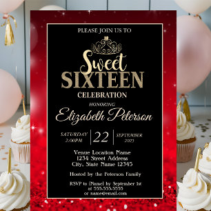 Elegant Tiara,Red Glitter Bokeh Sweet 16 Invitation