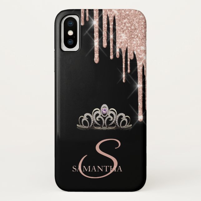 Elegant Tiara Rose Gold Glitter Drips Case-Mate iPhone Case (Back)