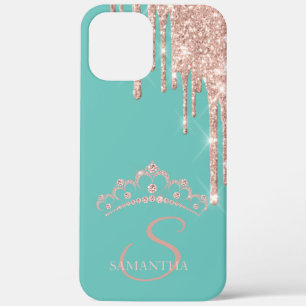 Elegant Tiara Rose Gold Glitter Drips Mint Green iPhone 12 Pro Max Case
