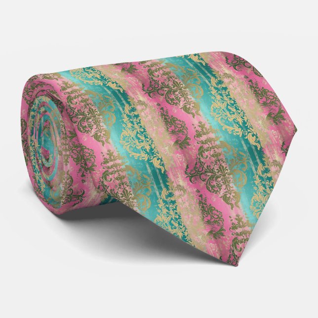 Elegant Tie in Pink and Turquoise (Rolled)