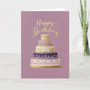 Elegant Tiered Purple and Gold Birthday Cake Card