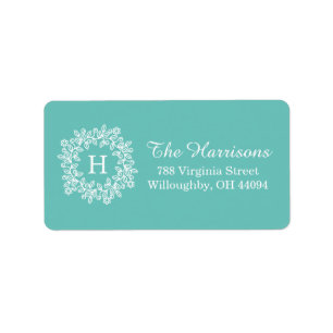 Elegant Tiffany Teal green Floral Wreath Monogram Label