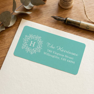Elegant Tiffany Teal green Floral Wreath Monogram Label