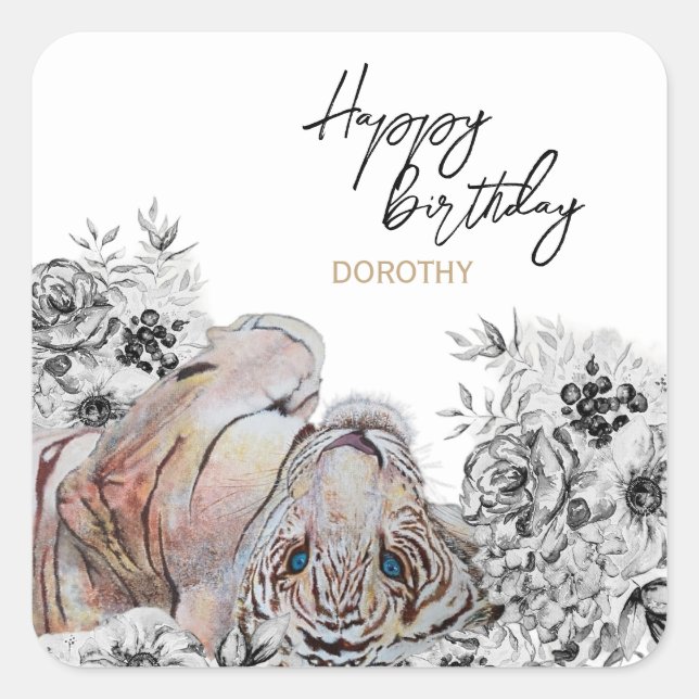 Elegant Tiger Botanical Floral Birthday Square Sticker (Front)