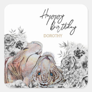 Elegant Tiger Botanical Floral Birthday Square Sticker