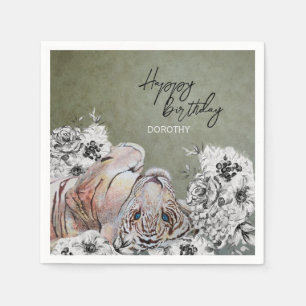 Elegant Tiger Botanical Floral Sage Gold Birthday Napkin