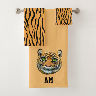 Elegant tiger face and monogram bath towel set