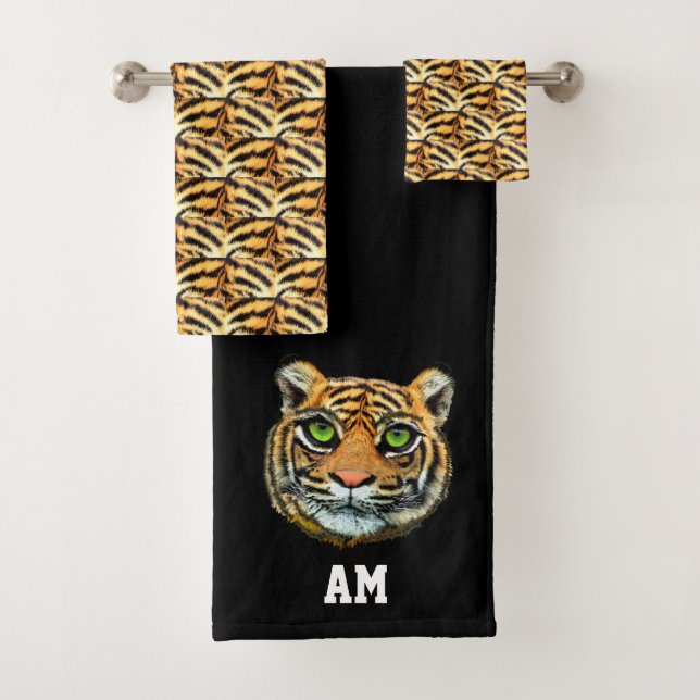 Elegant tiger face and monogram on black bath towel set (Insitu)
