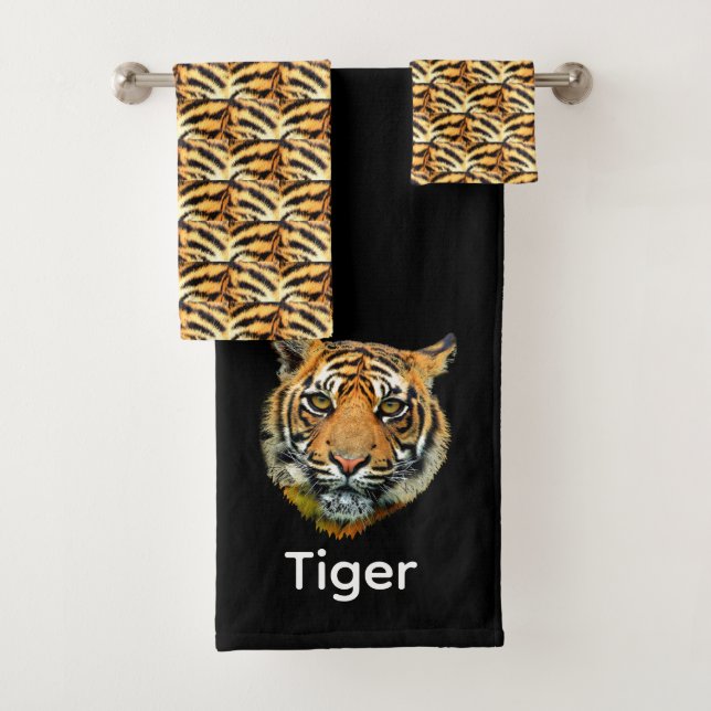 Elegant tiger face on black personalised bath towel set (Insitu)