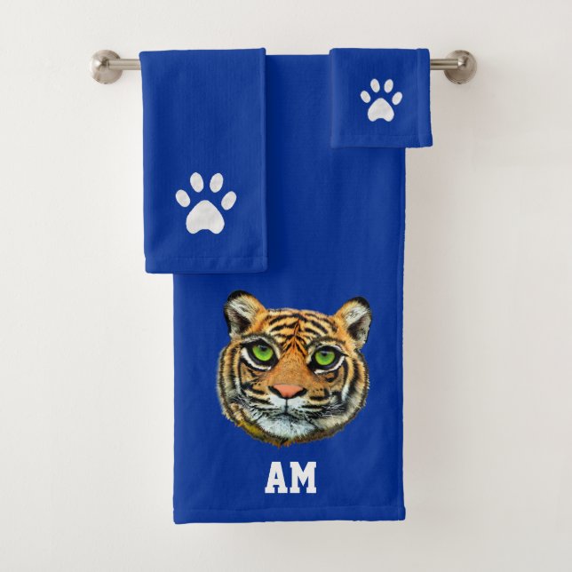 Elegant tiger face, paws and monogram on blue bath towel set (Insitu)
