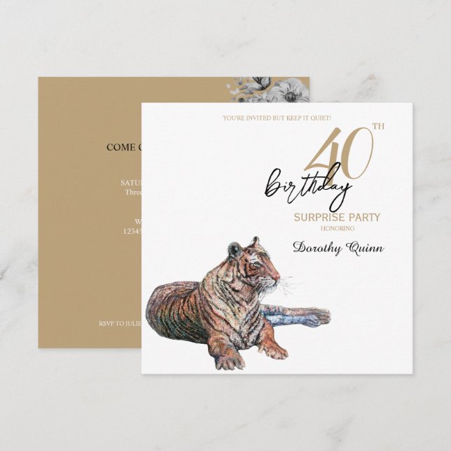 Elegant Tiger Floral Surprise Birthday Party Invitation (Front/Back)