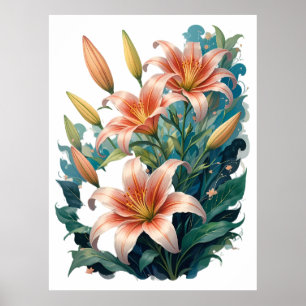 Elegant Tiger Lilies Floral Arrangement Illustrati Poster