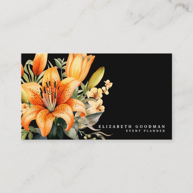 Elegant Tiger Lily Tropical Black Business Cards (Front)