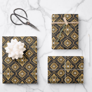 Elegant tiled black gold pattern  wrapping paper sheet