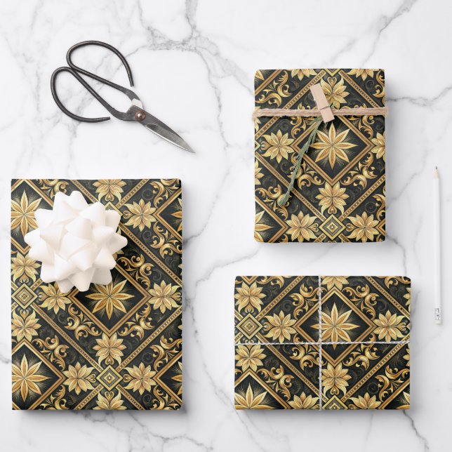 Elegant tiled black gold pattern  wrapping paper sheet (Front)
