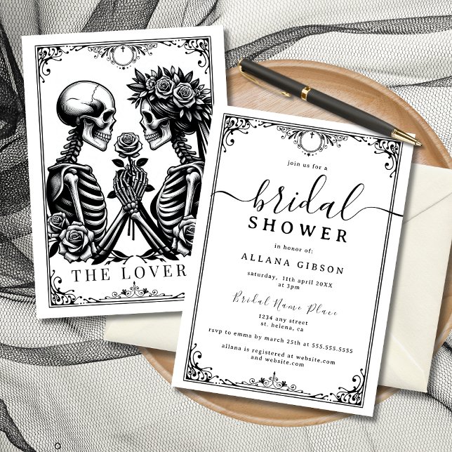 Elegant Till Death Do Us Part Tarot Bridal Shower Invitation (Elegant black-and-white gothic bridal shower invitation with floral accents.)