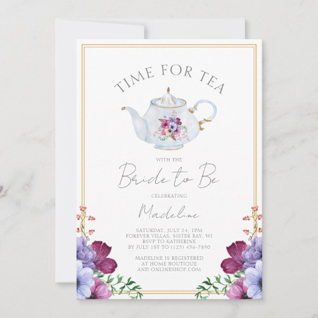 Elegant Time For Tea Floral Bridal Shower Invitation (Front)