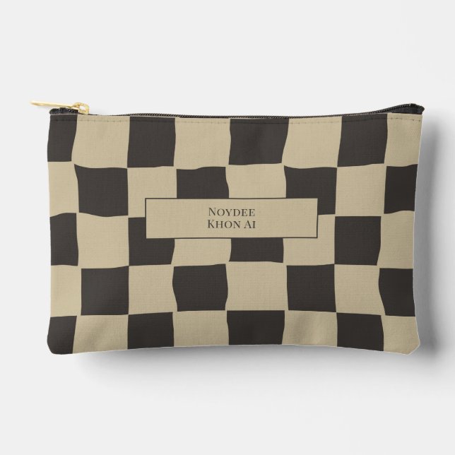Elegant Timeless Name Beige and Dark Check Accessory Pouch (Front)