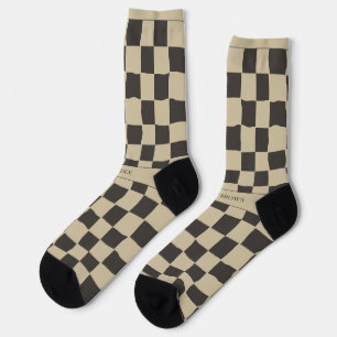 Elegant Timeless Name Beige and Dark Check Socks