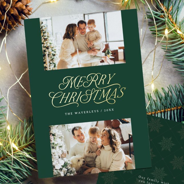 Elegant Timeless Script Merry Christmas Photo Foil Holiday Card (Elegant, timeless, Merry Christmas 2-photo card with real gold foil)