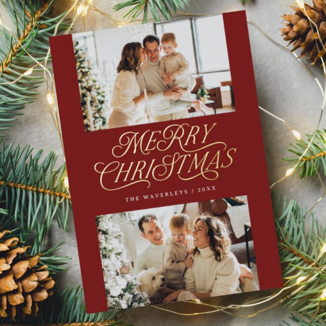 Elegant Timeless Script Merry Christmas Photo Foil Holiday Postcard (red and gold foil Merry Christmas card)