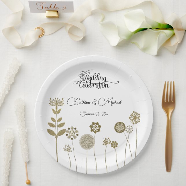 Elegant Timeless Soft Gold Floral Minimalism Paper Plate (Wedding)
