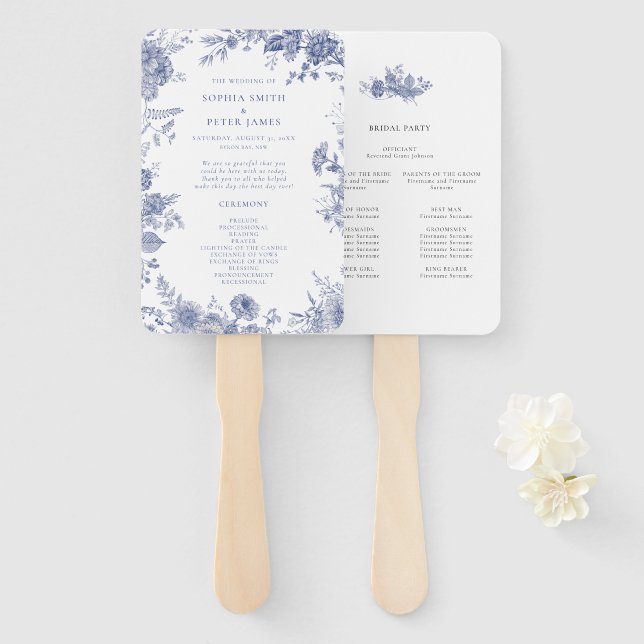 Elegant Toile Blue Ceremony Program Hand Fan (Front and Back)