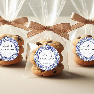 Elegant Toile Blue Floral Bridal Shower Classic Round Sticker