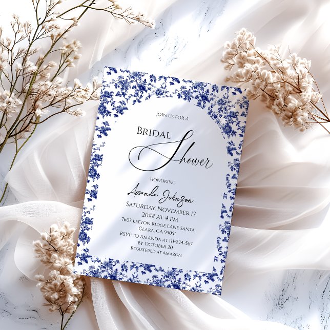 Elegant Toile Blue Floral Bridal Shower Invitation (Creator Uploaded)