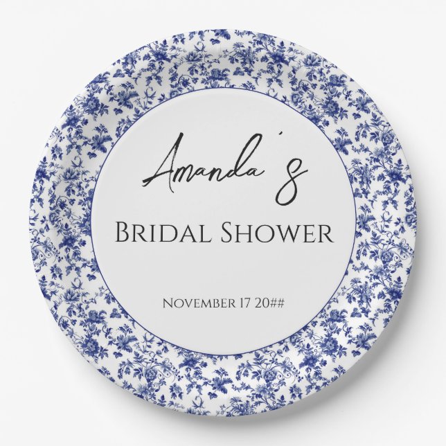 Elegant Toile Blue Floral Bridal Shower Paper Plate (Front)