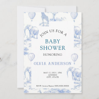 Elegant Toile de Jouy Blue Baby Shower Invitation