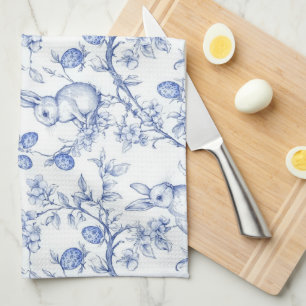 Elegant Toile De Jouy Blue Easter Bunny Tea Towel