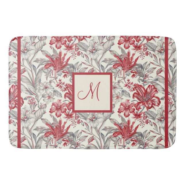 Elegant Toile de Jouy Deep Red and Subtle Grey Bath Mat (Front)