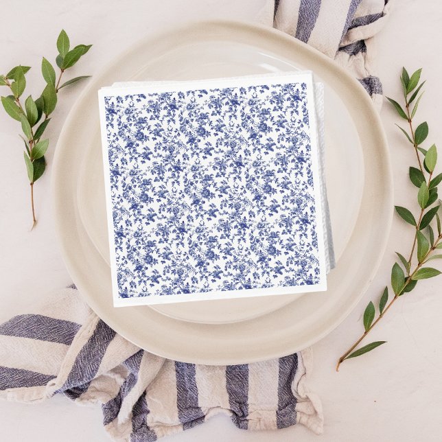 Elegant Toile de Jouy Floral Blue Bow Baby Shower Napkin (Creator Uploaded)