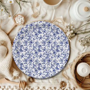 Elegant Toile de Jouy Floral Blue Bow Baby Shower Paper Plate