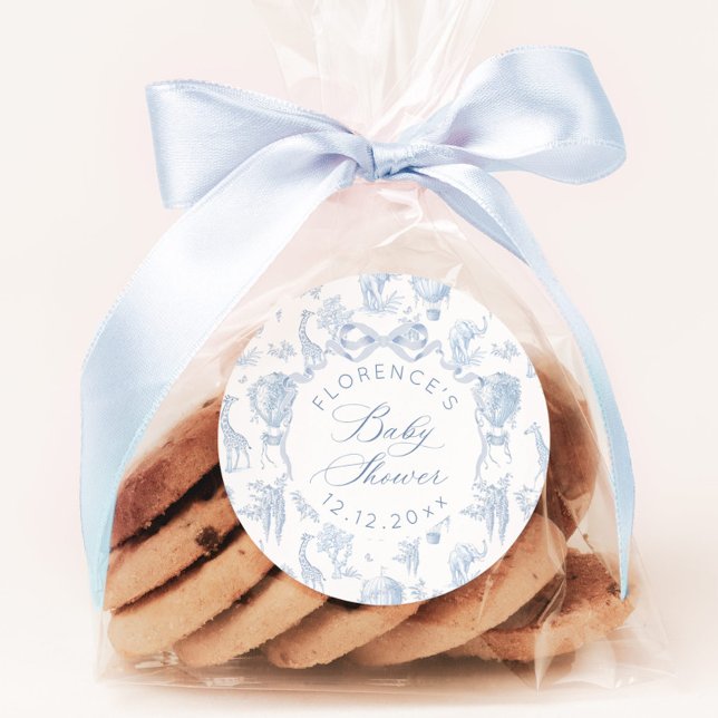 Elegant Toile de Jouy Safari Blue Baby shower  Classic Round Sticker (Creator Uploaded)