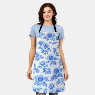 Elegant Toile du Jouy Sunflowers – Blue Botanical  Apron