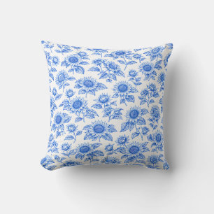 Elegant Toile du Jouy Sunflowers – Blue Botanical  Cushion