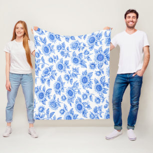 Elegant Toile du Jouy Sunflowers – Blue Botanical  Fleece Blanket