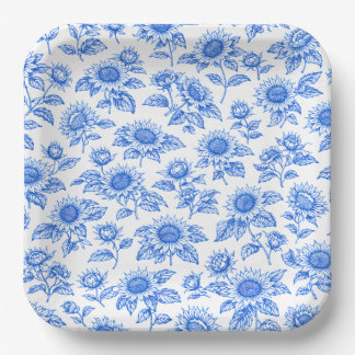 Elegant Toile du Jouy Sunflowers – Blue Botanical  Paper Plate