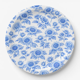 Elegant Toile du Jouy Sunflowers – Blue Botanical Paper Plate
