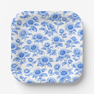 Elegant Toile du Jouy Sunflowers – Blue Botanical Paper Plate