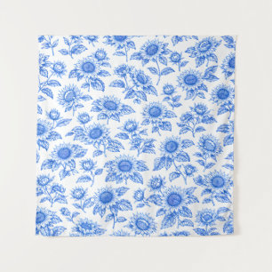 Elegant Toile du Jouy Sunflowers – Blue Botanical Tapestry
