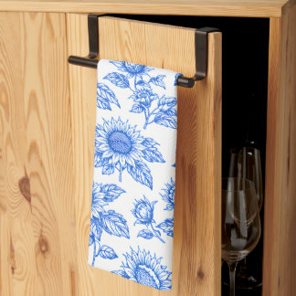 Elegant Toile du Jouy Sunflowers – Blue Botanical  Tea Towel