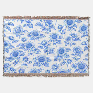 Elegant Toile du Jouy Sunflowers – Blue Botanical Throw Blanket