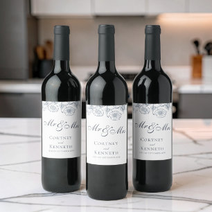 Elegant Toile Flowers Mr Mrs Dusty Blue Wedding Wine Label