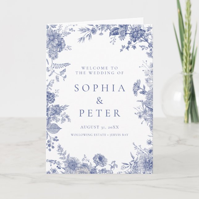 Elegant Toile French Blue Floral Ceremony Program (Front)
